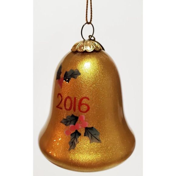 Pier 1 Li Bien 2016 Poinsettia Gold Bell Red Boxed Reverse Painted Ornament Box - Picture 7 of 10